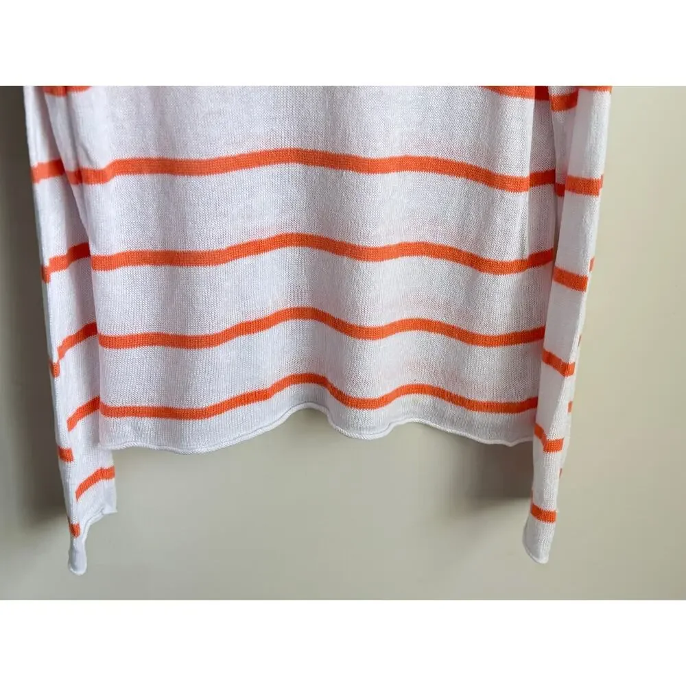 Eileen Fisher 100% Linen Striped Long Sleeve Pullover Sweater White Orange Small